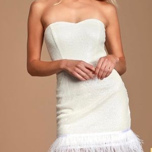 Lulus white sequin and feather strapless mini dress